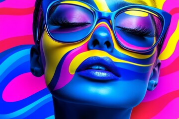 Vibrant Makeup Abstract Art - Colorful face paint, bold sunglasses, swirling background, beauty, expression. Symbolizing creativity, confidence, , vibrancy, and individuality