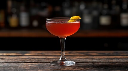 Red cocktail garnished with lemon zest on bar counter, dark background with liquor bottles