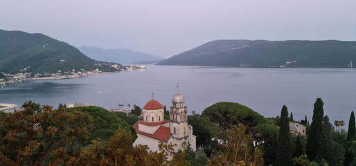 View to the church and mountains in Montenegro