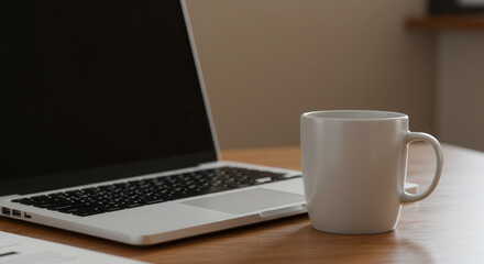 Cozy Home Office Workspace with Laptop and Coffee Mug on Wooden Table in Warm Brown Tones