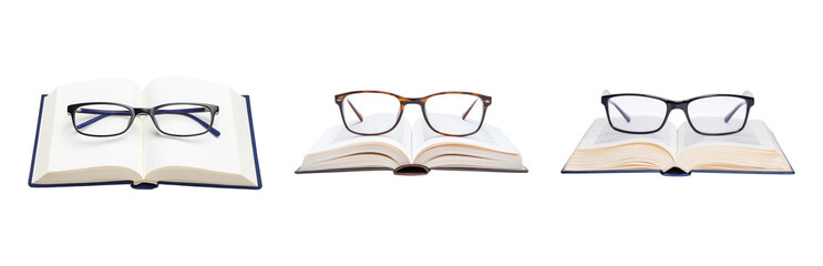 Glasses on Open Books in a Minimalist Arrangement Isolated on transparent background