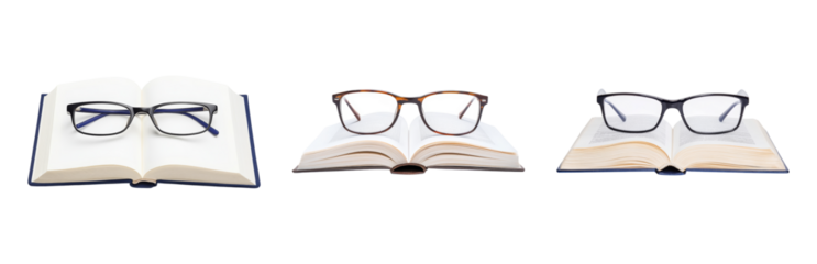 Glasses on Open Books in a Minimalist Arrangement Isolated on transparent background