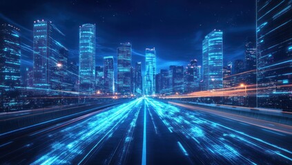 Obraz premium Futuristic city highway at night with digital data streams.