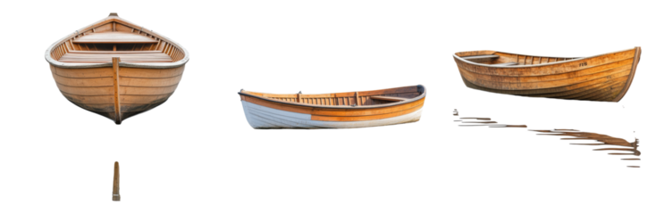 Vintage Wooden Row Boats Floating on Calm Water Isolated on transparent background