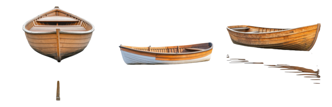 Vintage Wooden Row Boats Floating on Calm Water Isolated on transparent background - Powered by Adobe