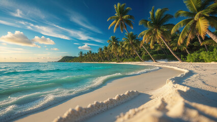 Fototapeta premium A highly detailed and majestic cinematic photograph of a serene tropical beach with crystal-clear turquoise water that gently laps at the shore