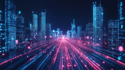 Fototapeta premium Futuristic city highway with glowing digital lines and data streams at night.