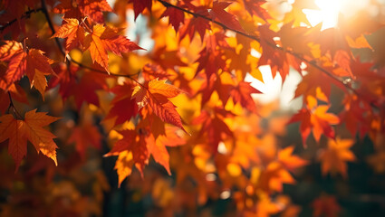 sunlight shining through vibrant autumn leaves. The leaves are various shades of red and orange