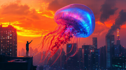 A massive, bioluminescent jellyfish with glowing tendrils drifts above a futuristic city skyline at sunset, as a lone figure reaches out.  