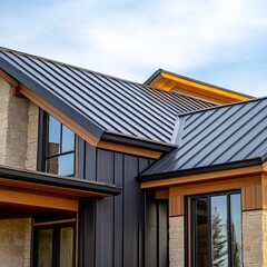 Modern house with metal roof and stone exterior showcasing architectural design