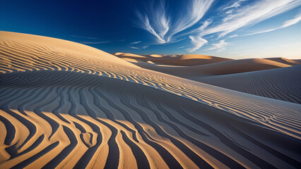 Naklejka premium a highly detailed, large-format, cinematic photograph of intricate patterns in sand dunes, with dramatic shadows creating high contrast, set against a clear blue sky with a few wispy clouds