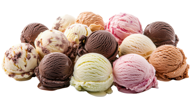 Delicious assorted flavors of ice cream scoops melting on transparent background
