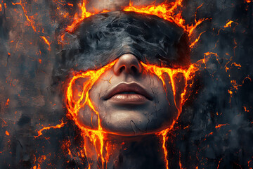 A close-up of a face with cracked stone skin and a molten lava blindfold, symbolizing power, destruction, and transformation in a surreal fantasy setting.  