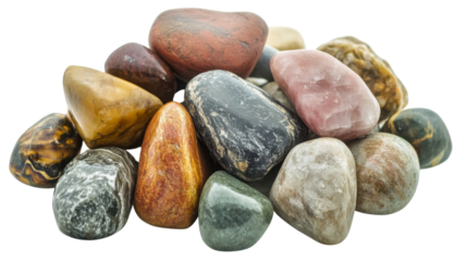 Pile of colorful polished stones on transparent background