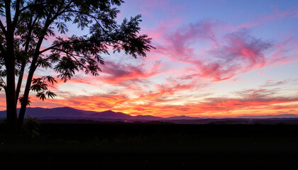Fototapeta premium Vibrant sunset sky with silhouette tree over mountains, nature's beauty