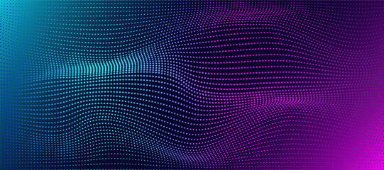 Background design with moving abstract wave glowing dots. Gradient neon lights in blue, purple or pink. Hi-tech or modern technology mood. Sign of human brain energy transformation.