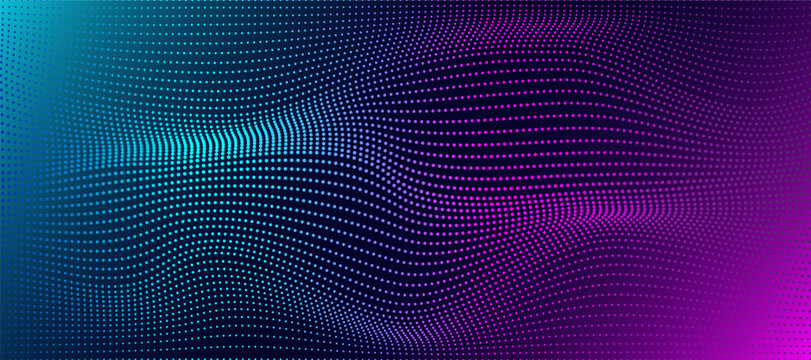 Background design with moving abstract wave glowing dots. Gradient neon lights in blue, purple or pink. Hi-tech or modern technology mood. Sign of human brain energy transformation.