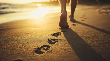 Man Enjoying a Barefoot Walk on a Quiet Sandy Beach at Sunset