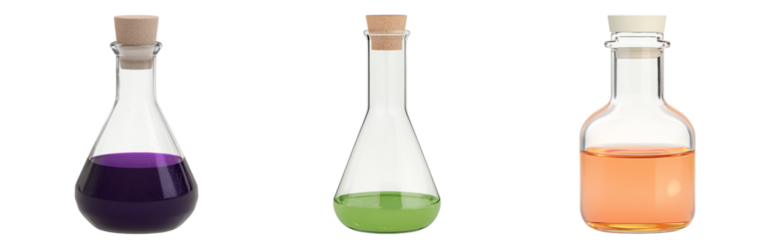 Glass Flasks with Liquid Experiments Display Isolated on transparent background