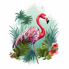  A flamingo depicted in watercolor, surrounded by lush tropical leaves, bringing an exotic flair to a clean white background.