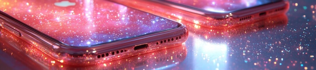 Galaxy-like starry pattern on reflective metallic phones with a sleek and elegant design. Generative AI