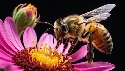 close-up of a bee pollinating a vibrant flower, highlighting the interconnectedness of technology and nature