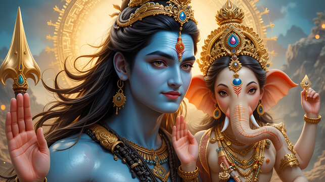 beautiful portrait of Hindu religion god Shiva or shiv with goddess Parvati and Ganesha