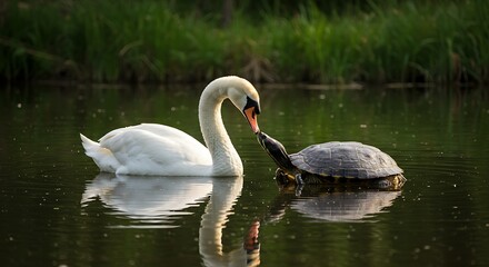 Obraz premium Serene Swan and Turtle Encounter: A Peaceful Pond Scene