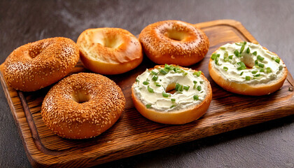 A set of freshly toasted bagels with a crispy golden crust, spread with smooth cream cheese