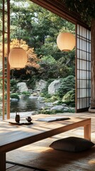 In a calming home office, a low wooden desk overlooks a peaceful Zen garden. Paper lanterns hang above, contributing to a tranquil atmosphere perfect for focus and creativity