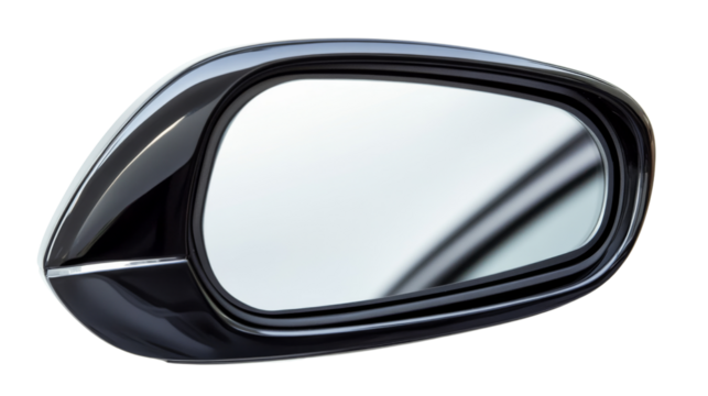 Modern car side rearview mirror reflecting empty road on transparent background
