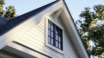 Elegant gable roof and window of modern house exterior with white siding