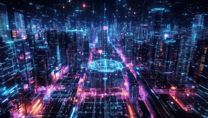 Obraz premium Futuristic city skyline with glowing digital network.