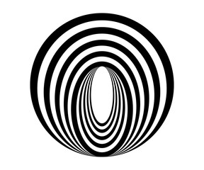Hypnotic spirals background. Radial optical illusion. Black and white swirl tunnel wallpaper. Horizontal spinning concentric curves.