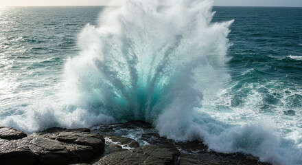 Fototapeta premium Crashing Ocean Waves Against Rocky Coastline at Sunset with Sea Foam and Water Spray