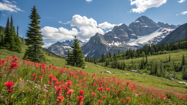 "A breathtaking alpine meadow in full bloom with vibrant red wildflowers in the foreground. Snow-capped mountains with jagged peaks rise majestically in the background, with evergreen trees scattered 
