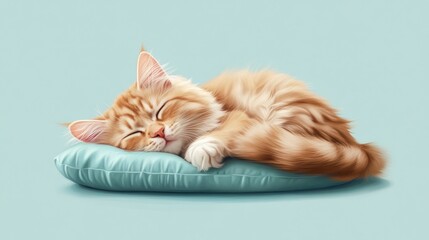 Sleepy ginger cat napping on a light blue pillow