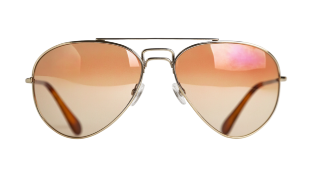Golden aviator sunglasses isolated on transparent background reflecting light