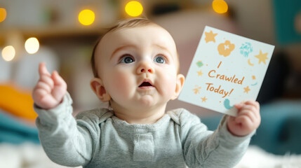 Baby celebrating milestone - close up of infant holding "i crawled today" card for commemoration and memory keeping