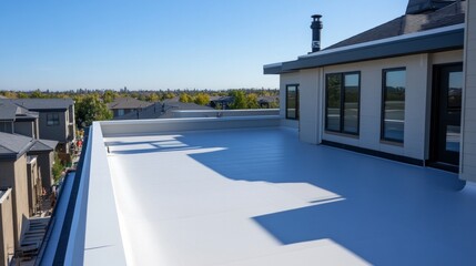 Modern rooftop with white membrane and scenic neighborhood view