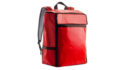 Red thermal backpack for food delivery isolated on transparent background