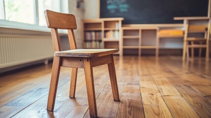 Empty wooden chair in a classroom with a chalkboard background