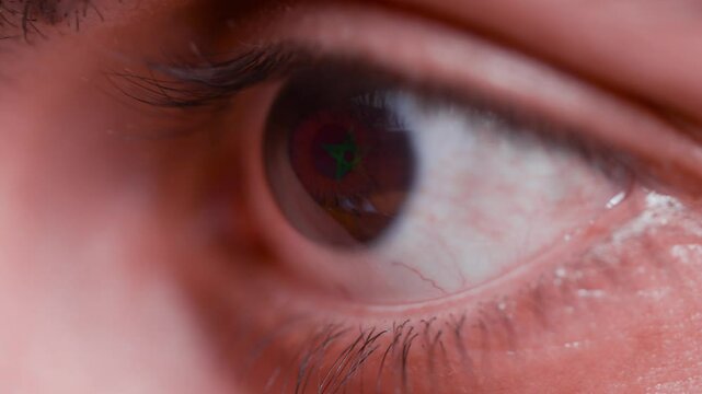 4K Macro Close-Up of Human Eye Reflecting Moroccan Flag