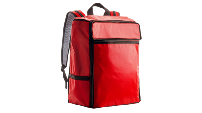 Red thermal backpack for food delivery isolated on transparent background