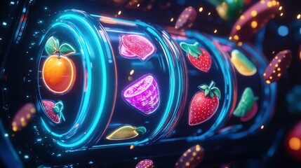 Neon fruit slot machine spinning with flying symbols in a dark casino