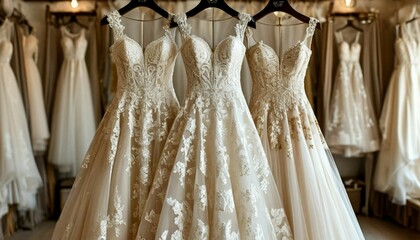 Elegant set of three wedding dresses displayed on hangers against a light background showcasing intricate lace and tulle designs for bridal fashion.