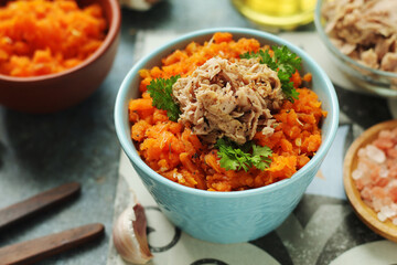 Houria, cooked carrot salad, a traditional dish of Tunisian cuisine	