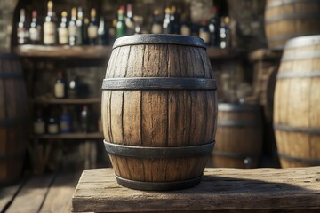 Naklejka premium Rustic wooden barrel in vintage wine cellar with shelves of bottles