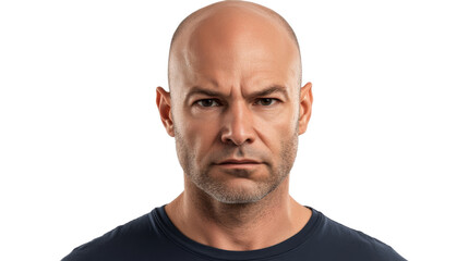 Obraz premium Serious bald man with frowning expression on transparent background