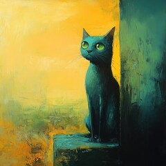 Blue cat sits contemplating city skyline at dawn